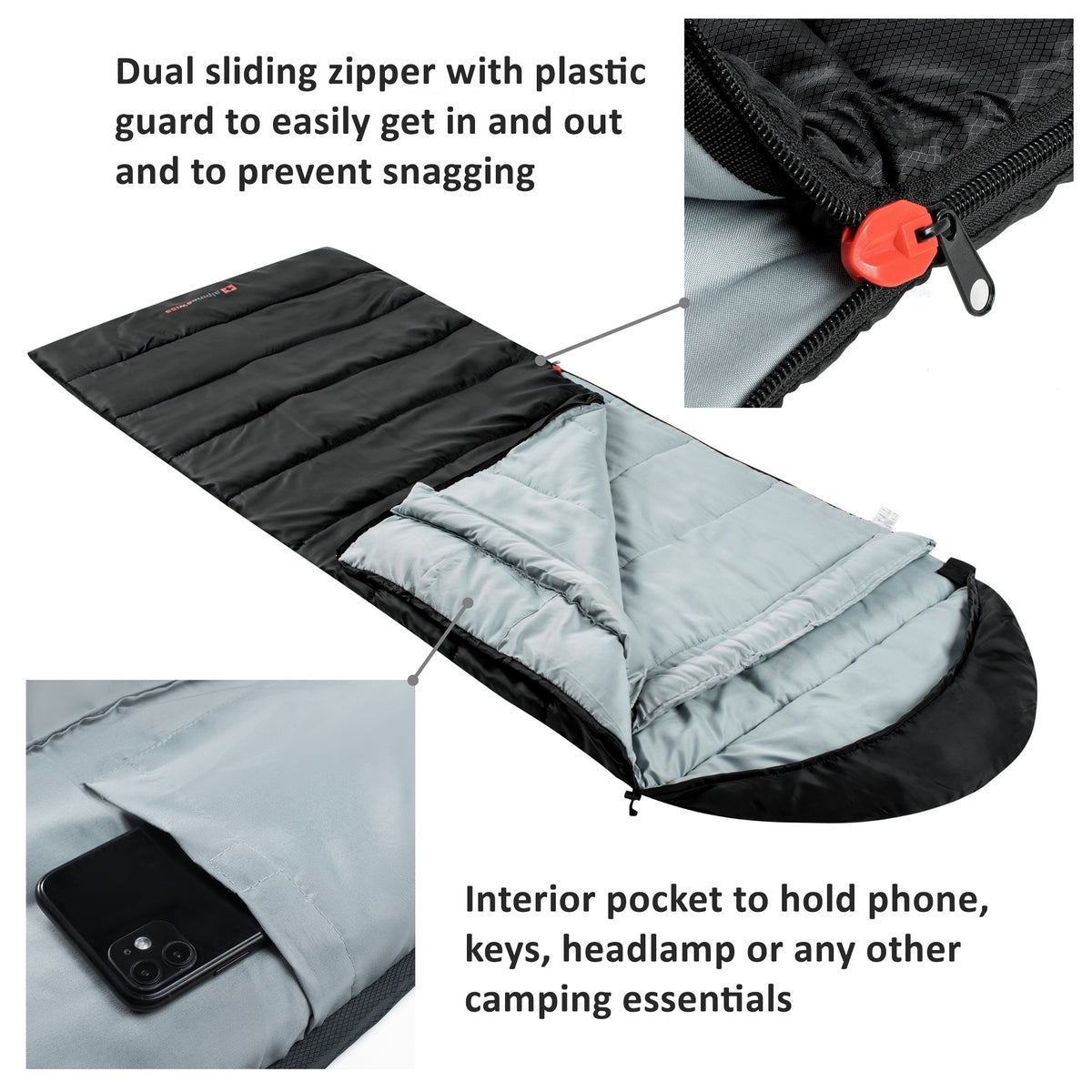 Alpine Swiss Sleeping Bag Adult Waterproof All Season Camping Backpacking Hiking – Black