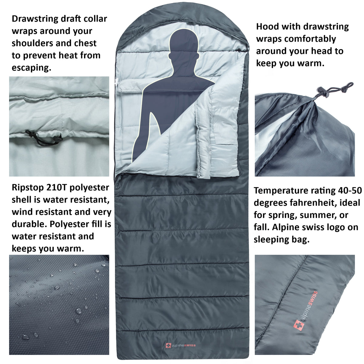 Alpine Swiss Sleeping Bag Adult Waterproof All Season Camping Backpacking Hiking – Gray