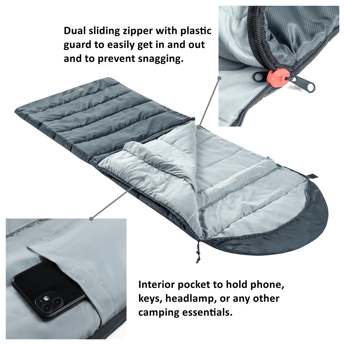 Alpine Swiss Sleeping Bag Adult Waterproof All Season Camping Backpacking Hiking – Gray