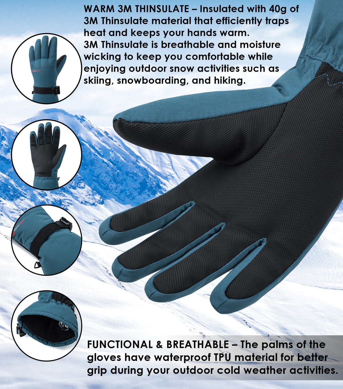 Alpine Swiss Mens Waterproof Gauntlet Ski Gloves Winter Sport Snow Board Windproof – Blue