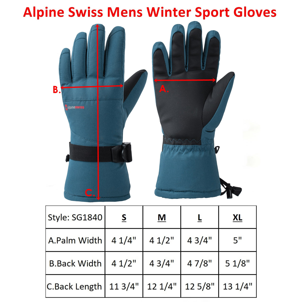 Alpine Swiss Mens Waterproof Gauntlet Ski Gloves Winter Sport Snow Board Windproof – Blue