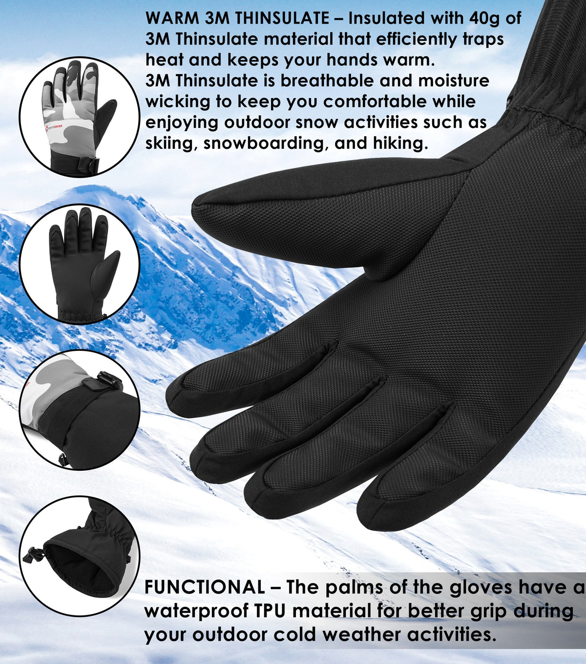 Alpine Swiss Mens Waterproof Gauntlet Ski Gloves Winter Sport Snow Board Windproof – Camo
