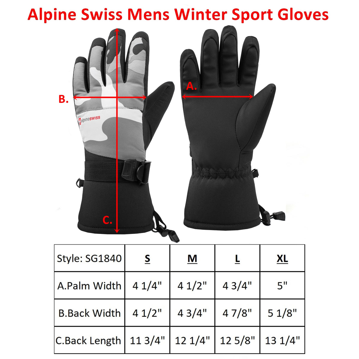 Alpine Swiss Mens Waterproof Gauntlet Ski Gloves Winter Sport Snow Board Windproof – Camo