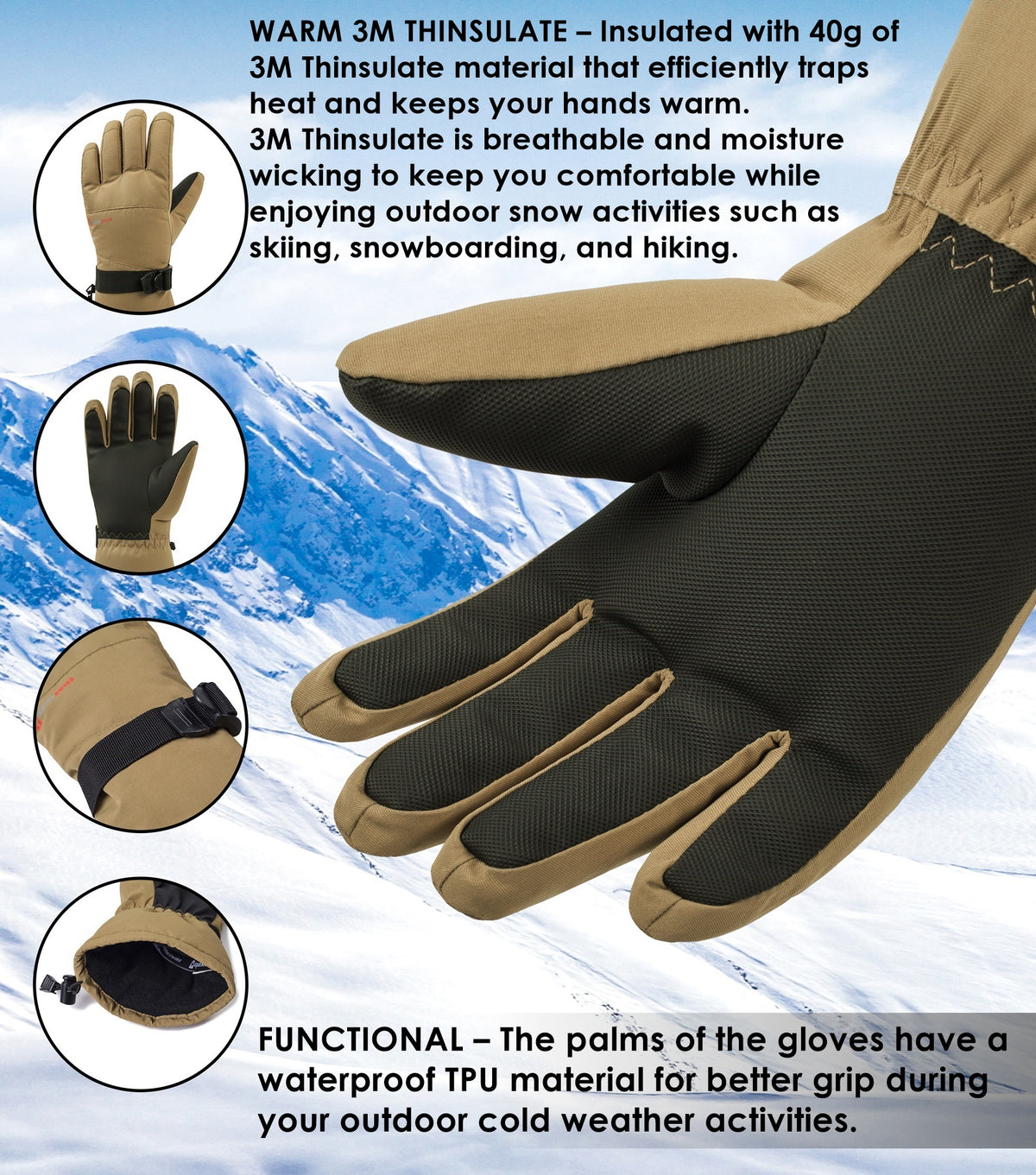 Alpine Swiss Mens Waterproof Gauntlet Ski Gloves Winter Sport Snow Board Windproof – Tan