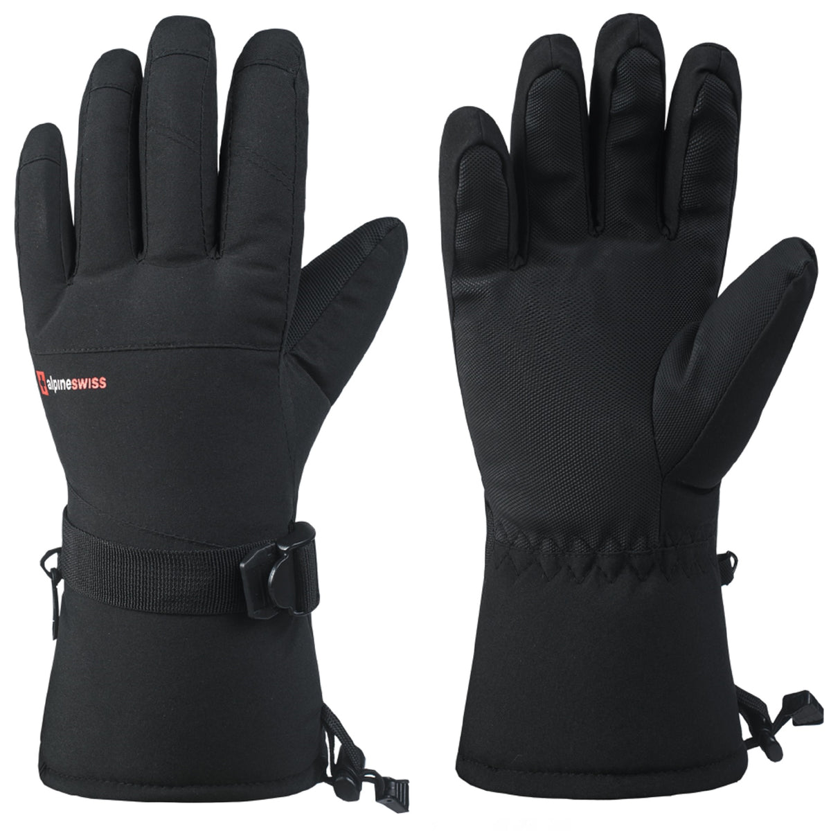 Alpine Swiss Mens Waterproof Gauntlet Ski Gloves Winter Sport Snow Board Windproof – Black