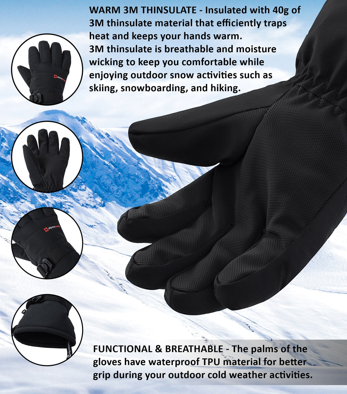 Alpine Swiss Mens Waterproof Gauntlet Ski Gloves Winter Sport Snow Board Windproof – Black
