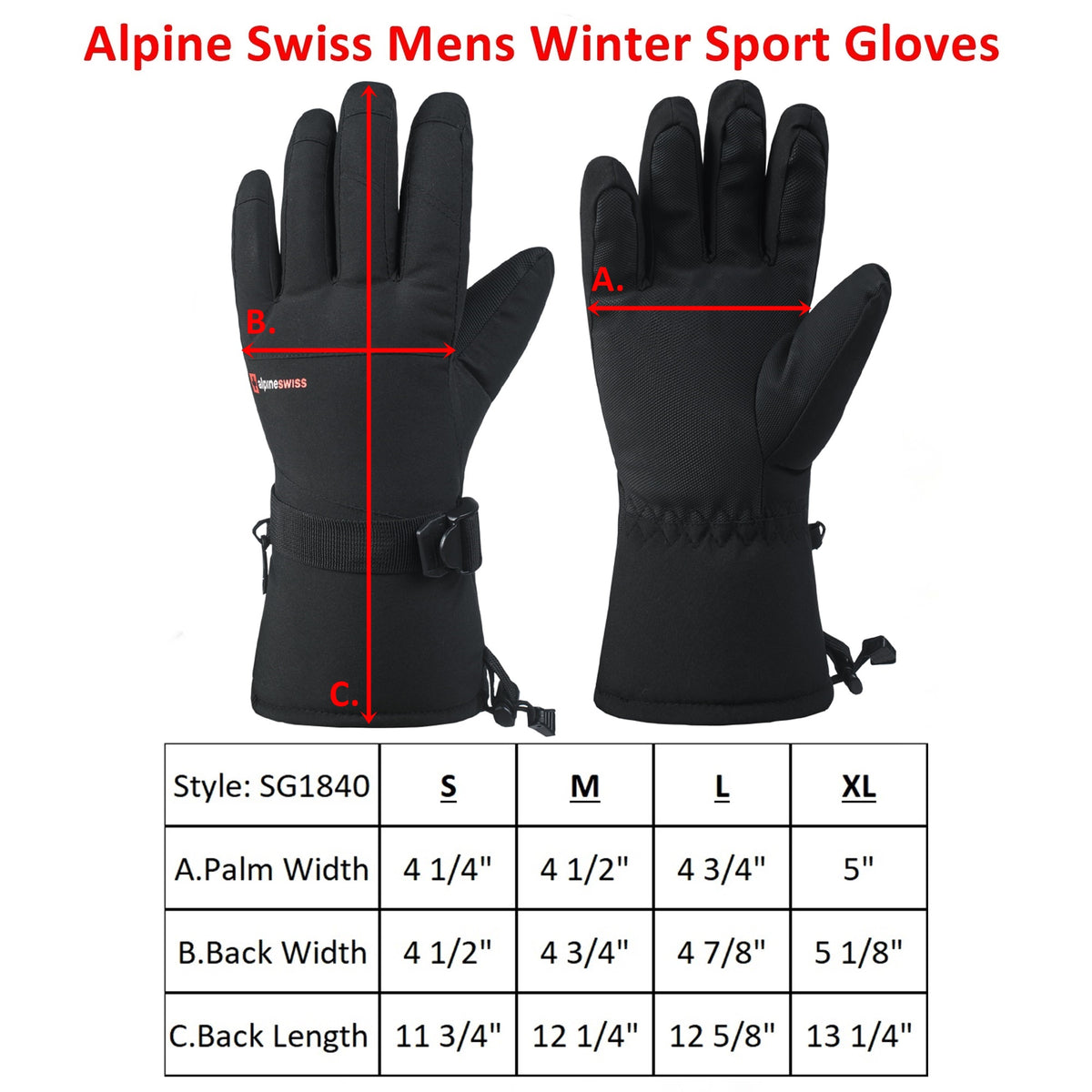 Alpine Swiss Mens Waterproof Gauntlet Ski Gloves Winter Sport Snow Board Windproof – Black