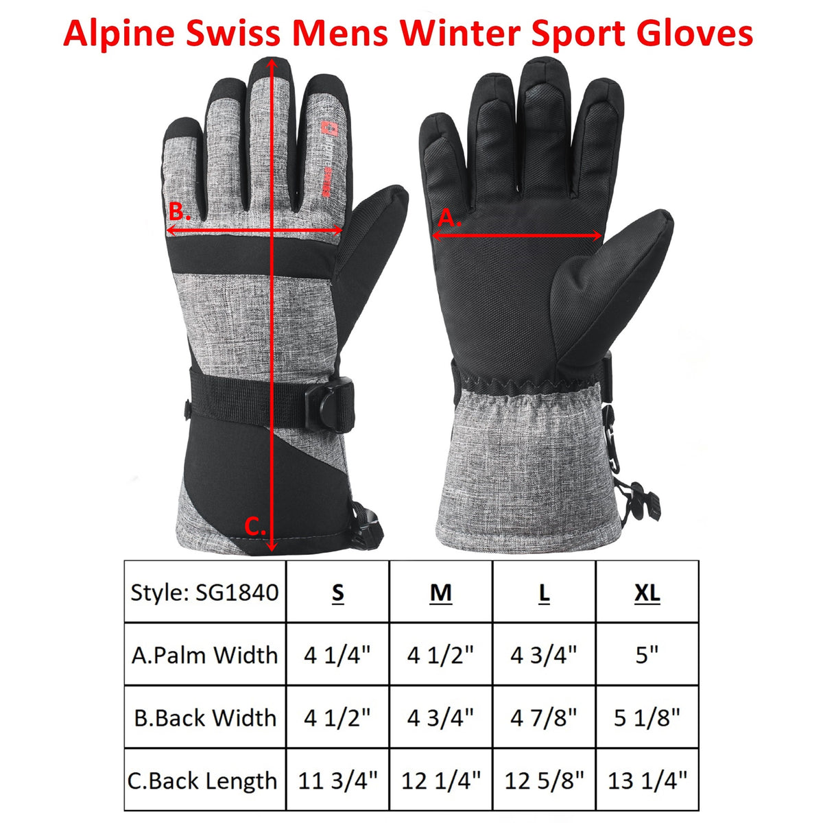 Alpine Swiss Mens Waterproof Gauntlet Ski Gloves Winter Sport Snow Board Windproof – Gray