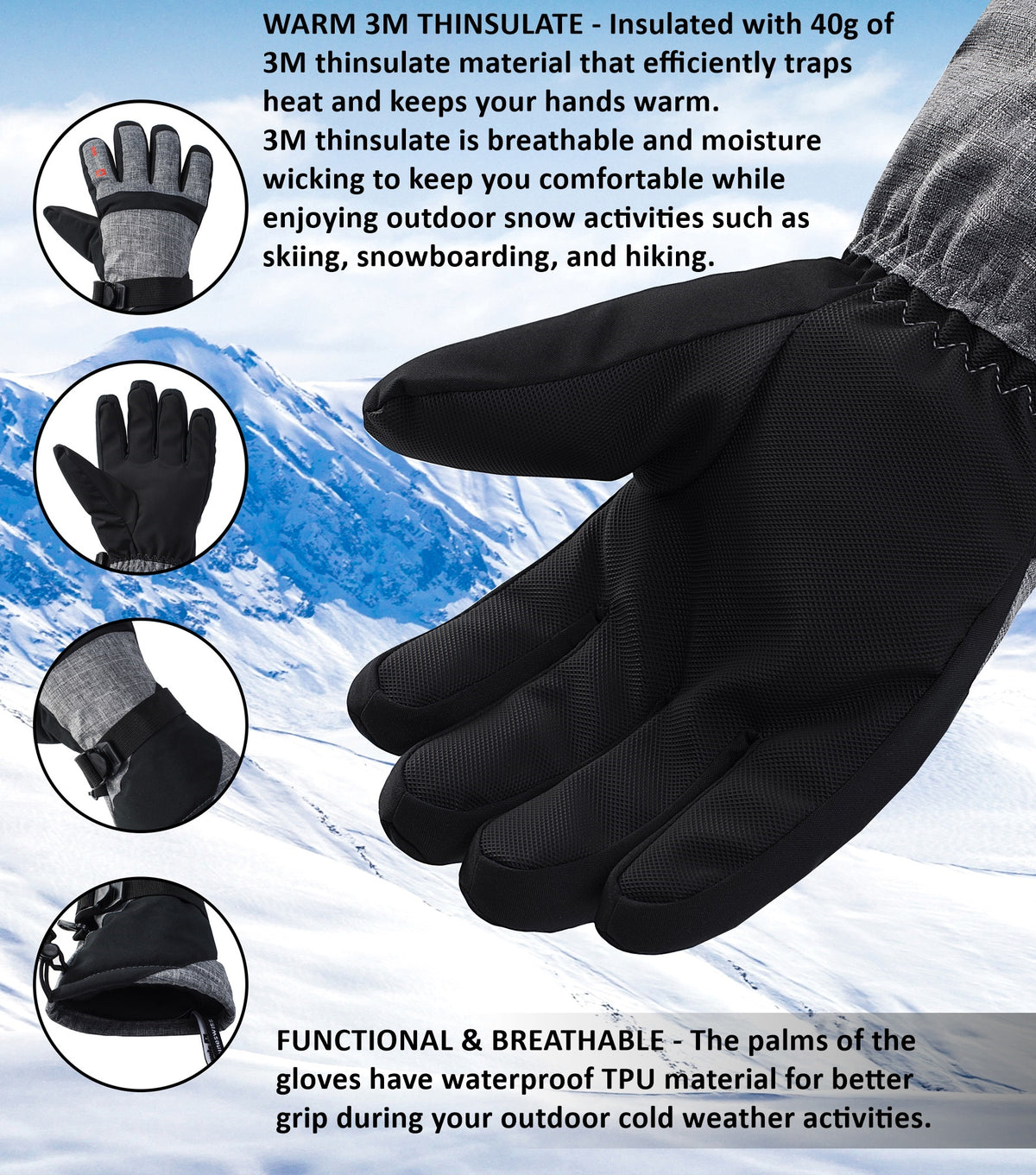 Alpine Swiss Mens Waterproof Gauntlet Ski Gloves Winter Sport Snow Board Windproof – Gray