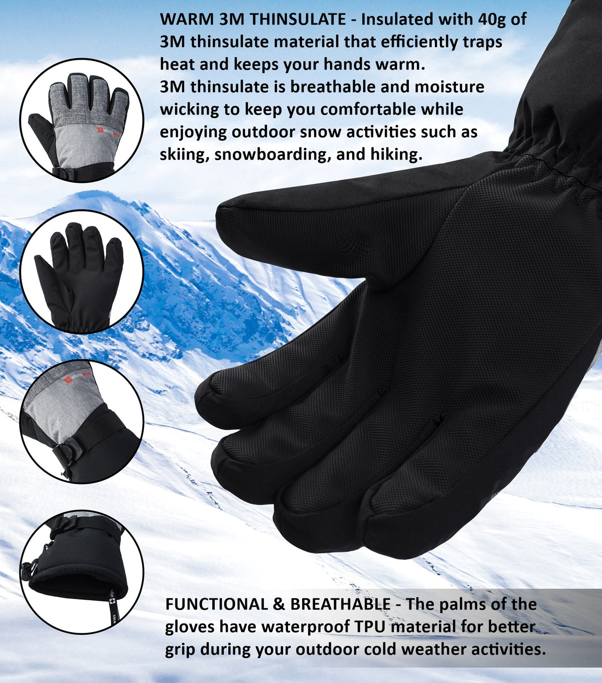 Alpine Swiss Mens Waterproof Gauntlet Ski Gloves Winter Sport Snow Board Windproof – Light Gray