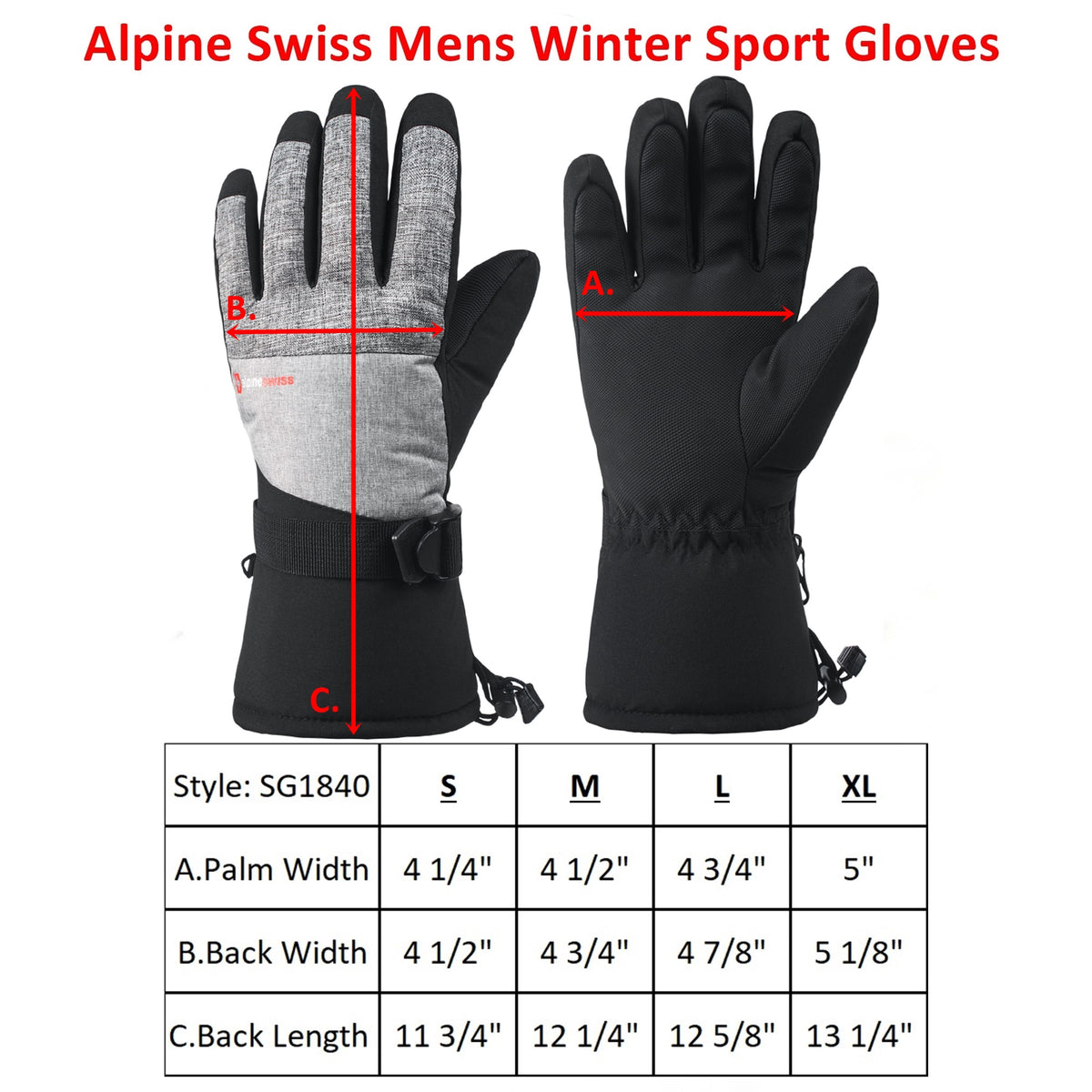 Alpine Swiss Mens Waterproof Gauntlet Ski Gloves Winter Sport Snow Board Windproof – Light Gray
