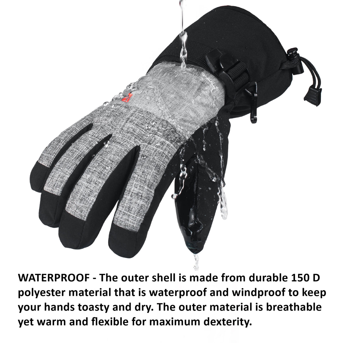 Alpine Swiss Mens Waterproof Gauntlet Ski Gloves Winter Sport Snow Board Windproof – Light Gray