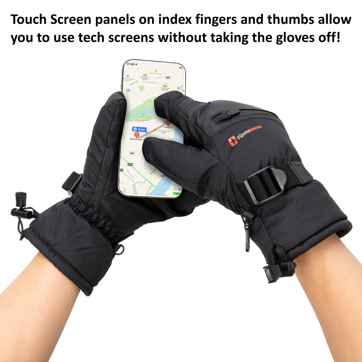 Alpine Swiss Mens Waterproof Snow Gloves Zipper Pockets Winter Sport Mittens – Black Glove