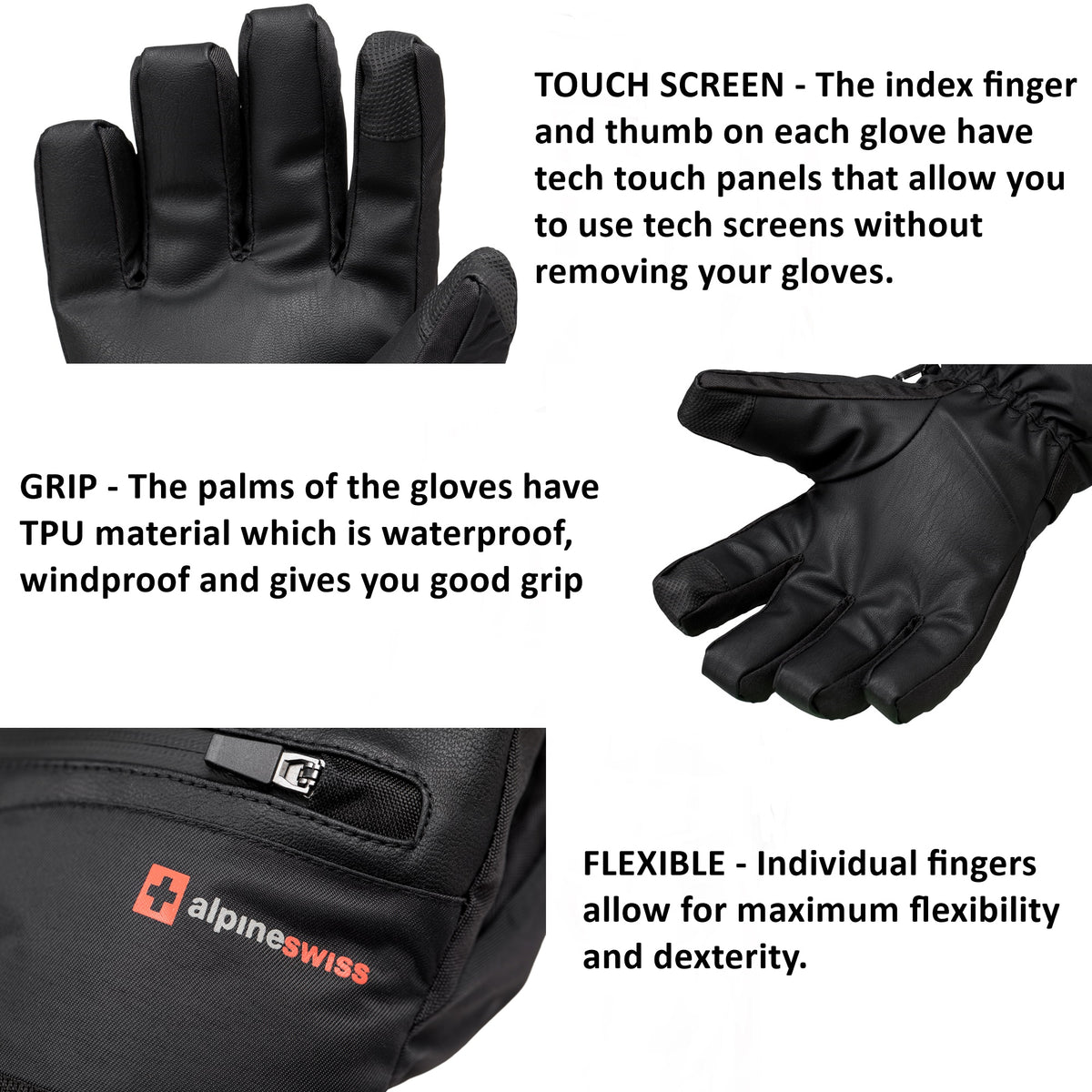Alpine Swiss Mens Waterproof Snow Gloves Zipper Pockets Winter Sport Mittens – Black Glove