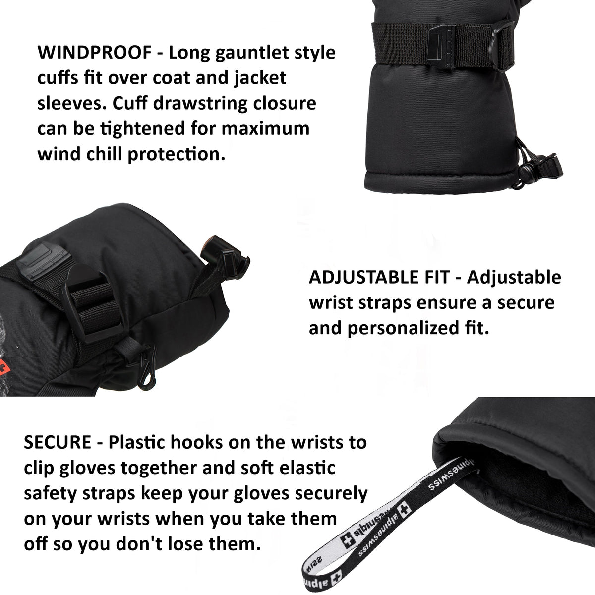 Alpine Swiss Mens Waterproof Snow Gloves Zipper Pockets Winter Sport Mittens – Black Glove