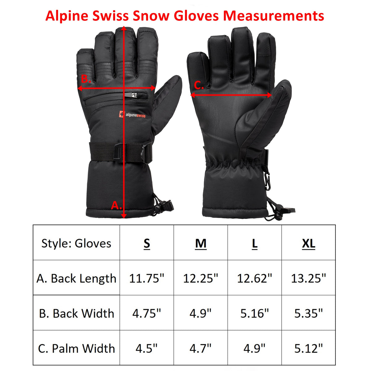 Alpine Swiss Mens Waterproof Snow Gloves Zipper Pockets Winter Sport Mittens – Black Glove