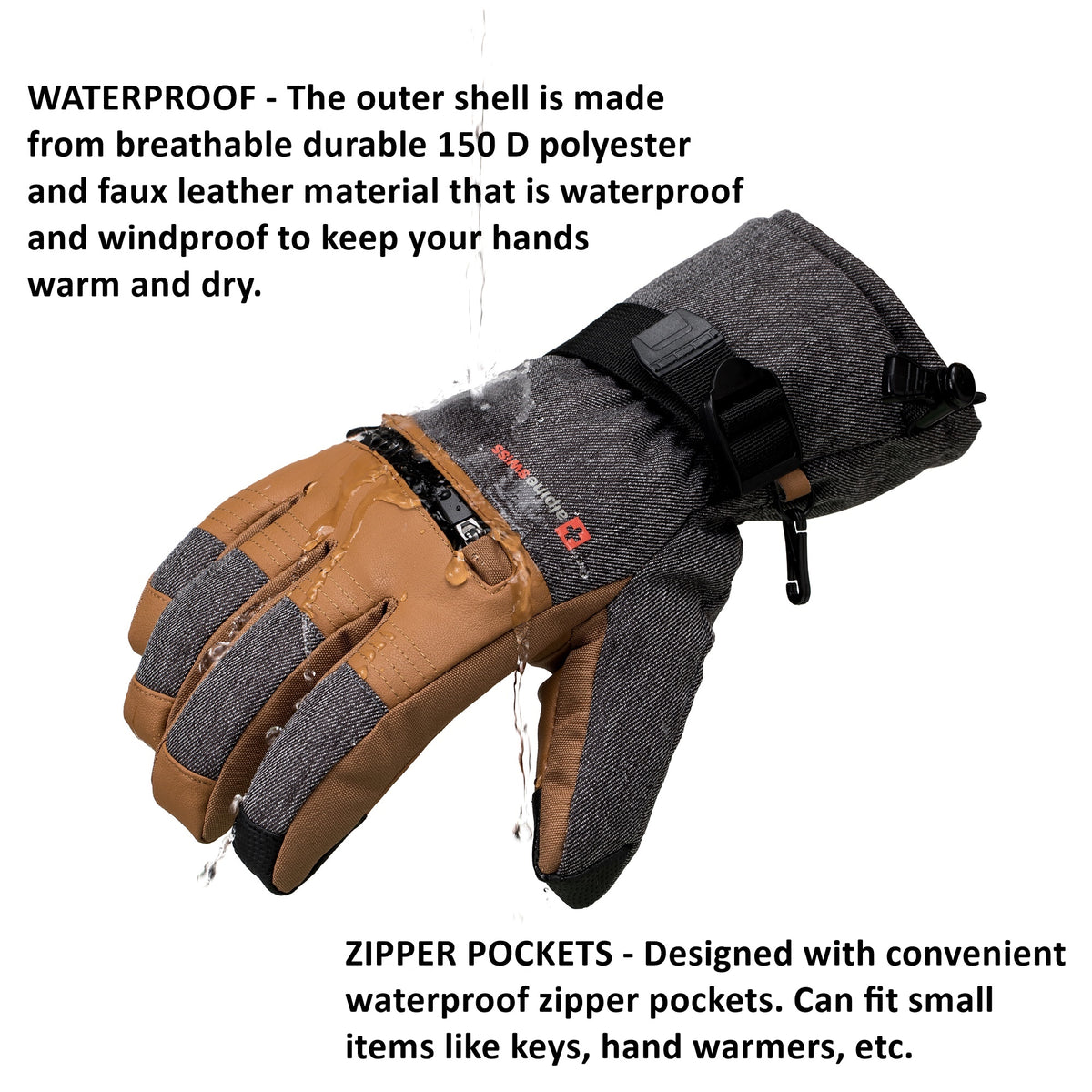 Alpine Swiss Mens Waterproof Snow Gloves Zipper Pockets Winter Sport Mittens – Tan Glove