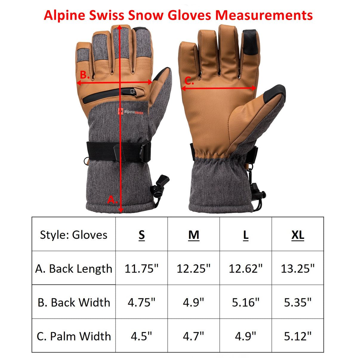 Alpine Swiss Mens Waterproof Snow Gloves Zipper Pockets Winter Sport Mittens – Tan Glove