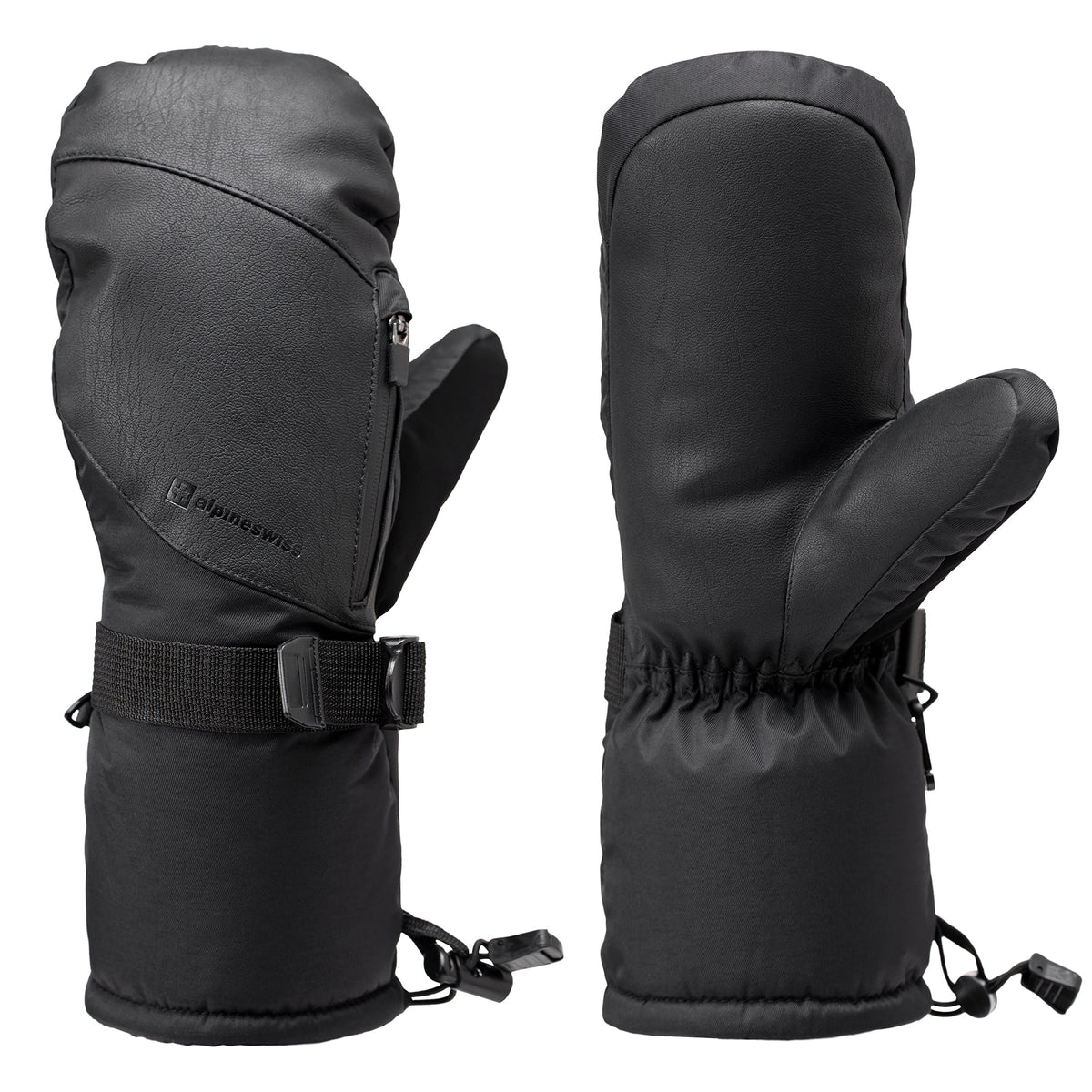 Alpine Swiss Mens Waterproof Snow Gloves Zipper Pockets Winter Sport Mittens – Black Mitten