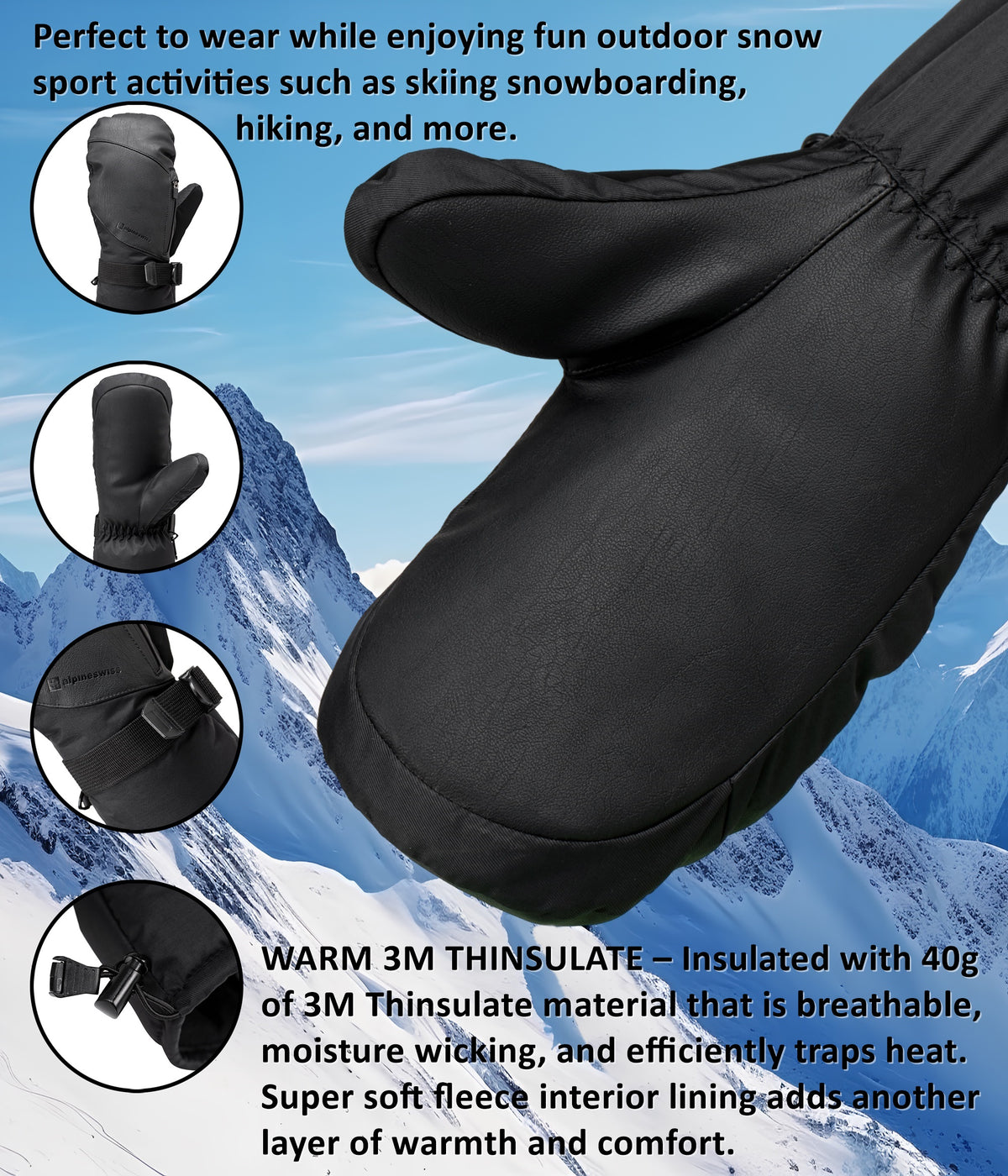 Alpine Swiss Mens Waterproof Snow Gloves Zipper Pockets Winter Sport Mittens – Black Mitten