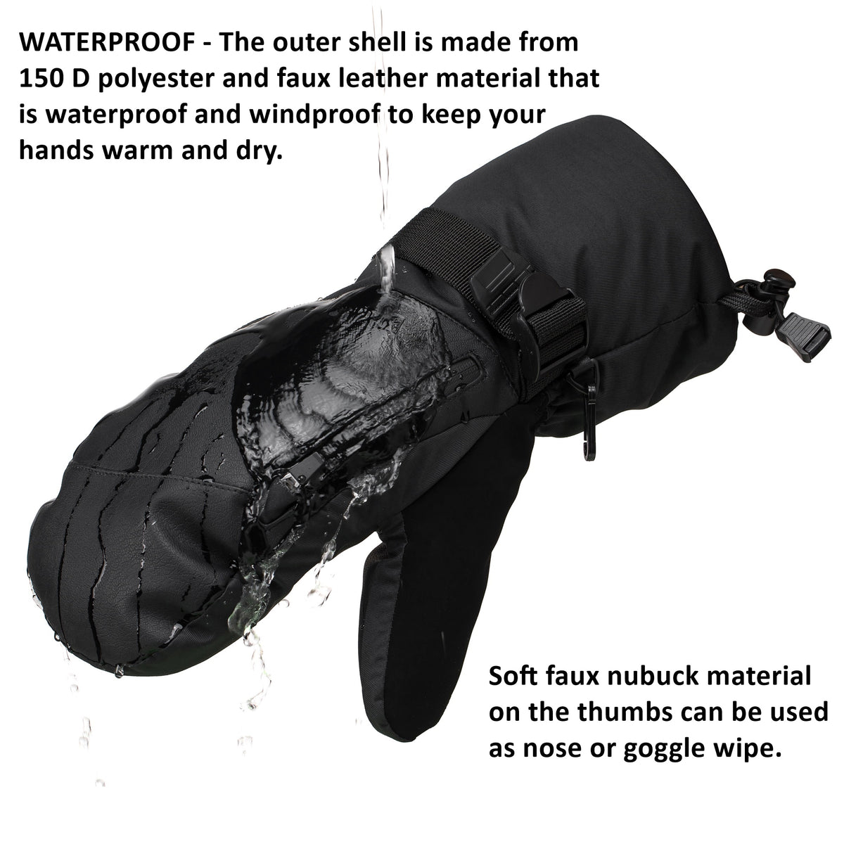 Alpine Swiss Mens Waterproof Snow Gloves Zipper Pockets Winter Sport Mittens – Black Mitten