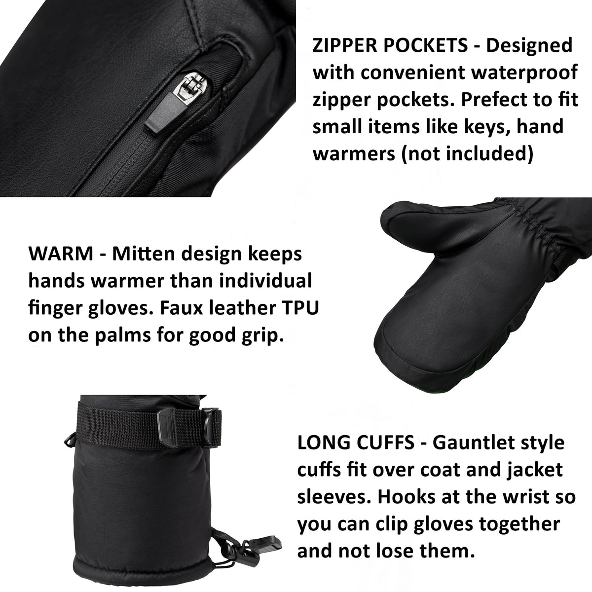 Alpine Swiss Mens Waterproof Snow Gloves Zipper Pockets Winter Sport Mittens – Black Mitten
