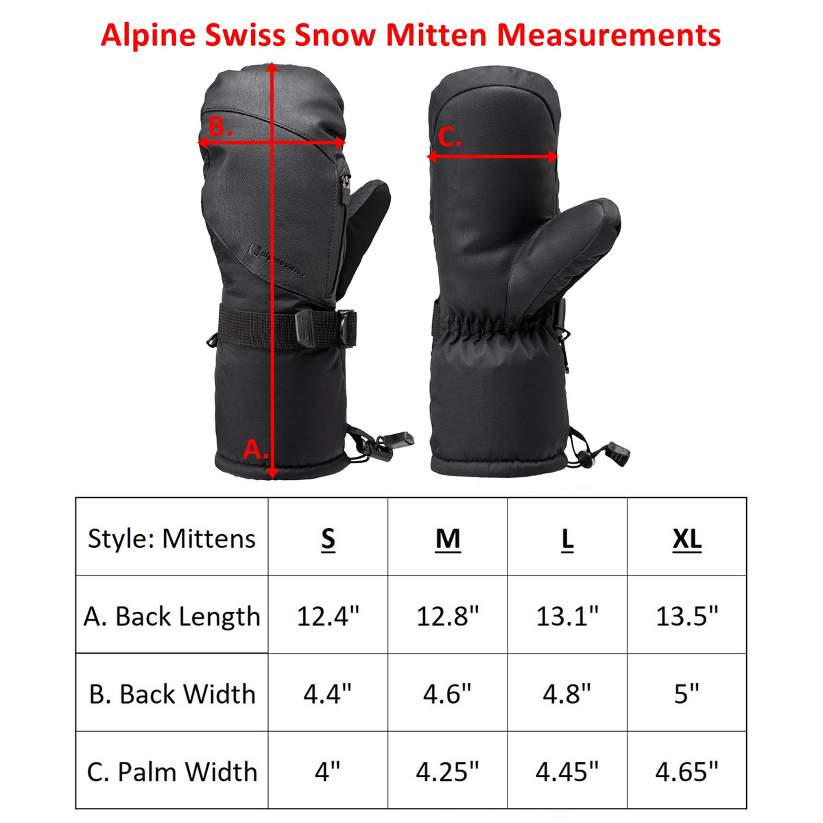 Alpine Swiss Mens Waterproof Snow Gloves Zipper Pockets Winter Sport Mittens – Black Mitten