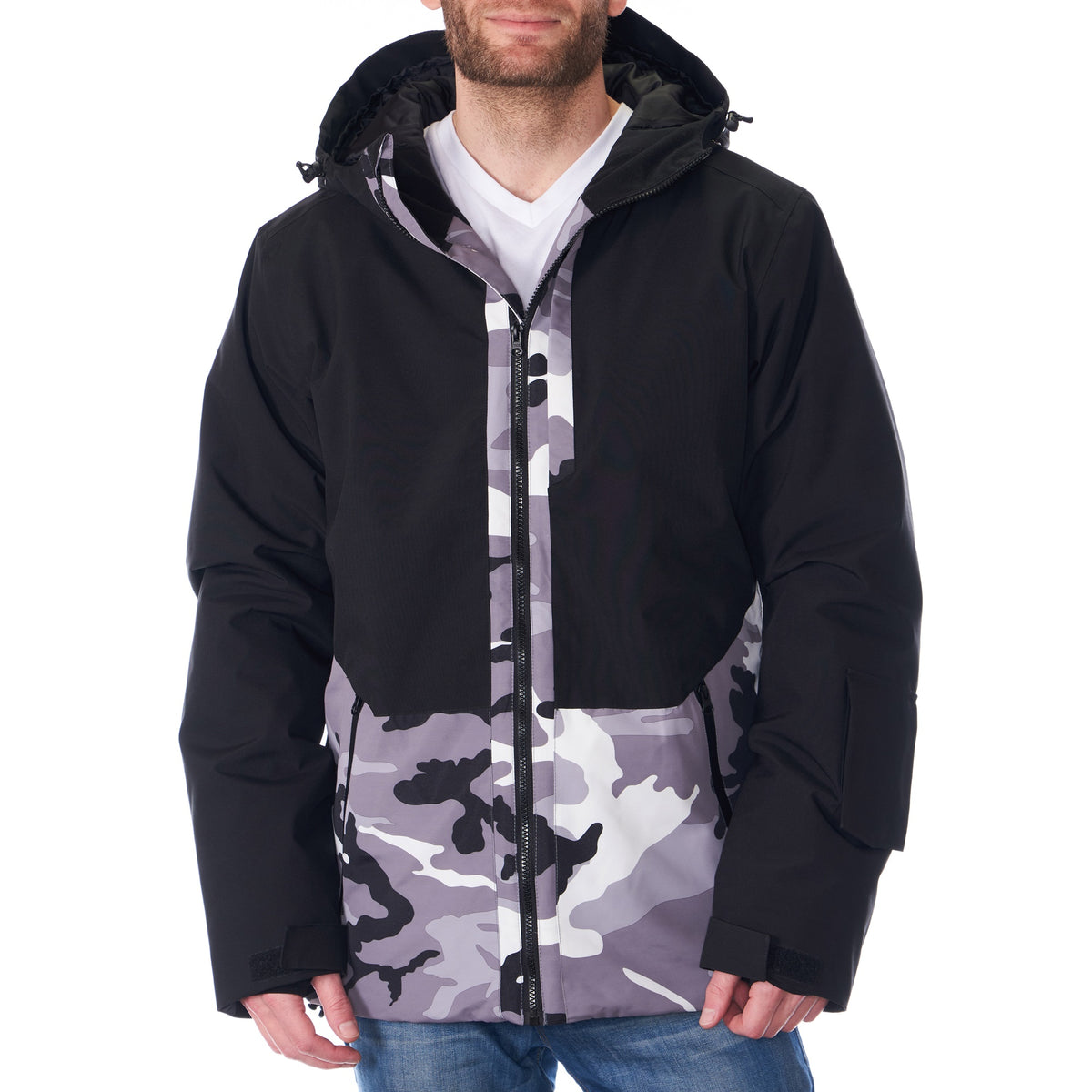 Alpine Swiss Mens Waterproof Ski Jacket Snowboarding Winter Snow Coat Raincoat – Black White Camo