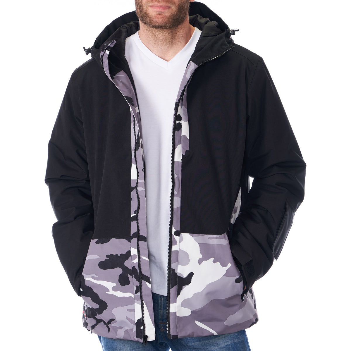 Alpine Swiss Mens Waterproof Ski Jacket Snowboarding Winter Snow Coat Raincoat – Black White Camo