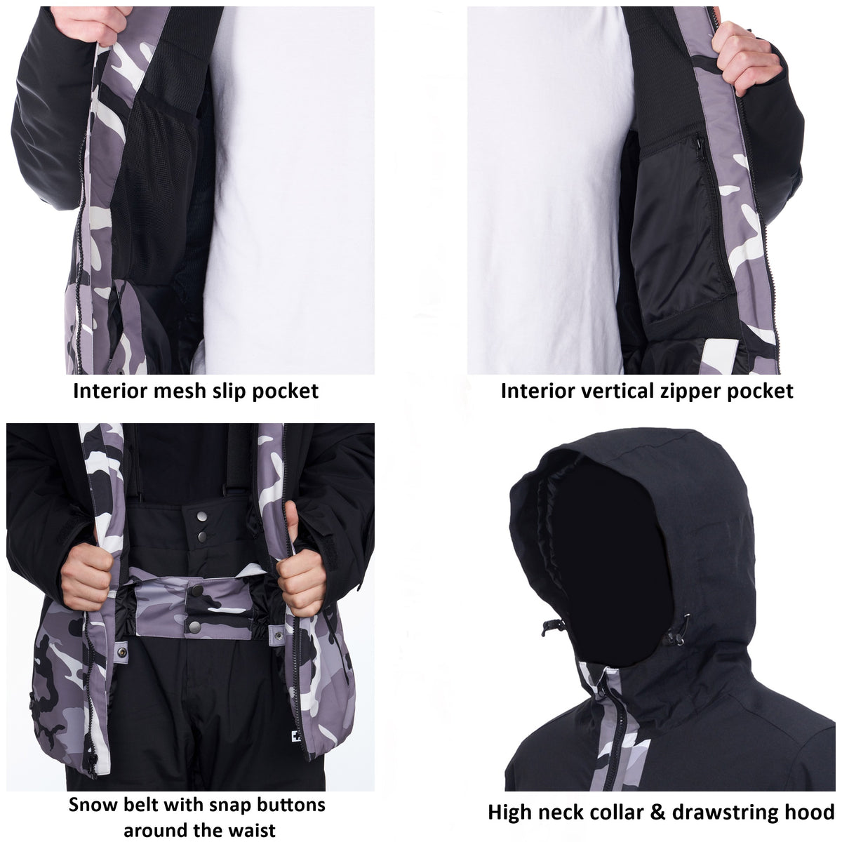 Alpine Swiss Mens Waterproof Ski Jacket Snowboarding Winter Snow Coat Raincoat – Black White Camo