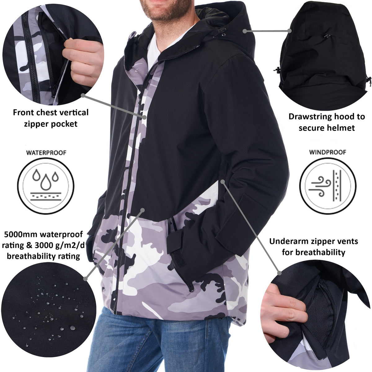 Alpine Swiss Mens Waterproof Ski Jacket Snowboarding Winter Snow Coat Raincoat – Black White Camo