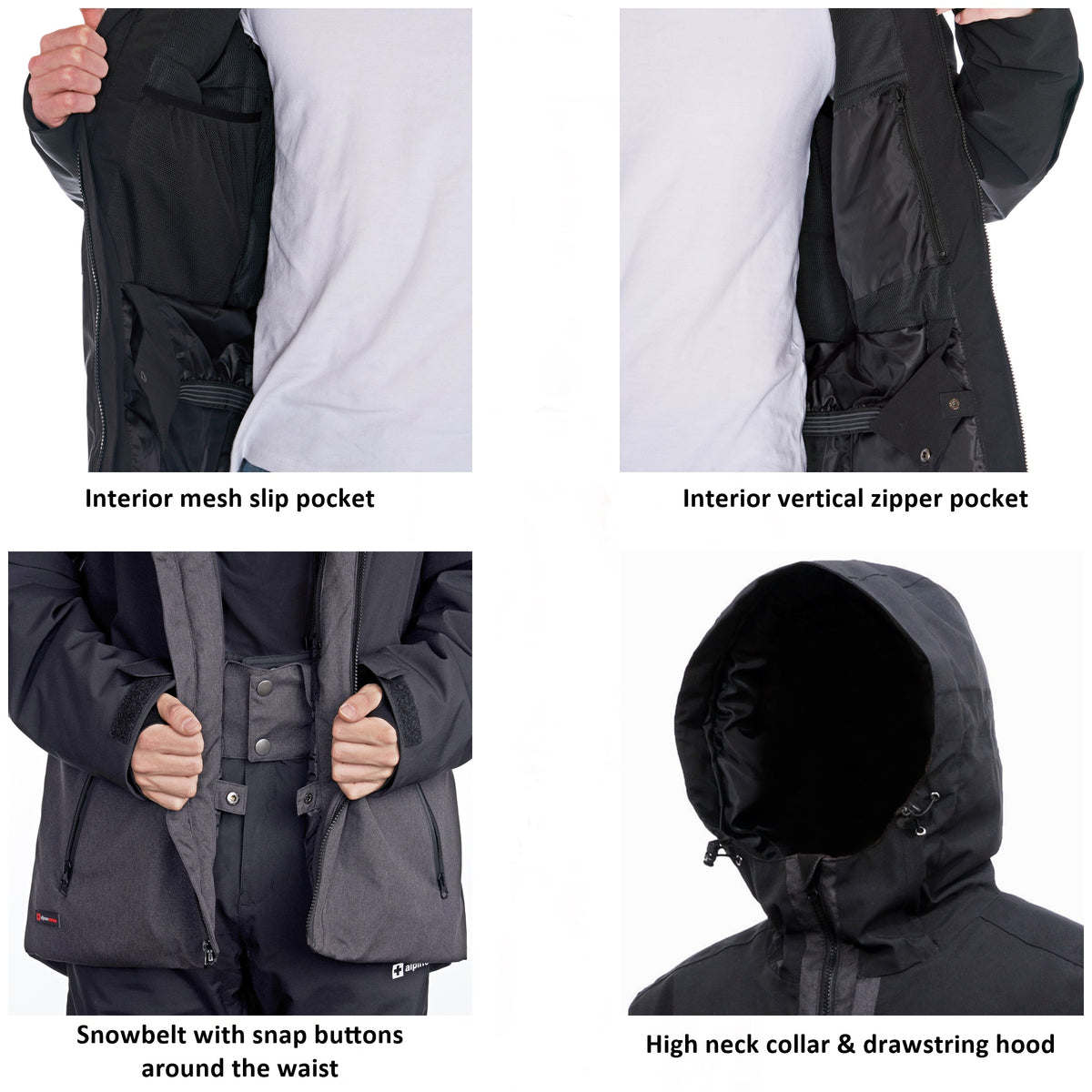 Alpine Swiss Mens Waterproof Ski Jacket Snowboarding Winter Snow Coat Raincoat – Black Charcoal