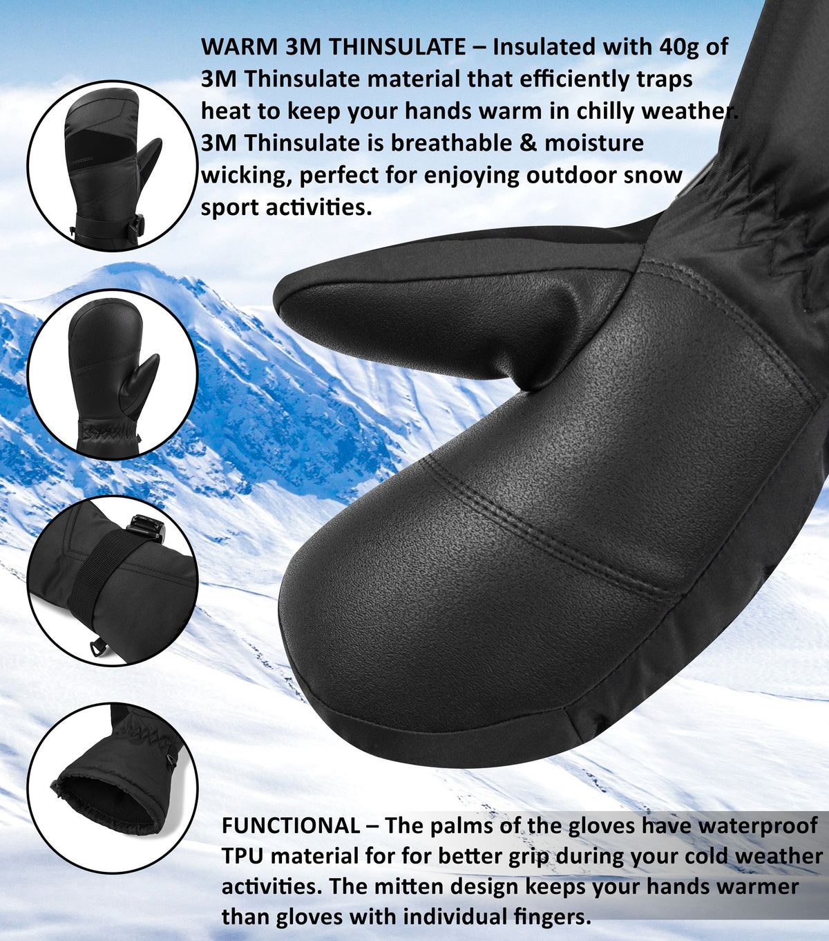 Alpine Swiss Mens Waterproof Ski Mittens 3M Thinsulate Winter Snow Sport Gloves – Black