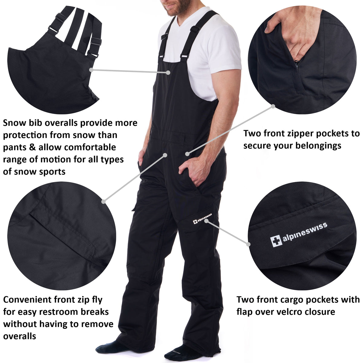 Alpine Swiss Mens Insulated Snow Bib Overalls Waterproof Ski Snowboard Pants – Black