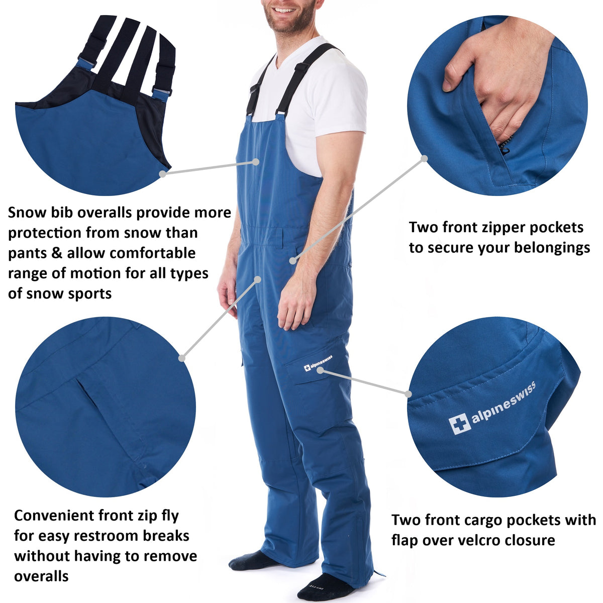 Alpine Swiss Mens Insulated Snow Bib Overalls Waterproof Ski Snowboard Pants – Blue