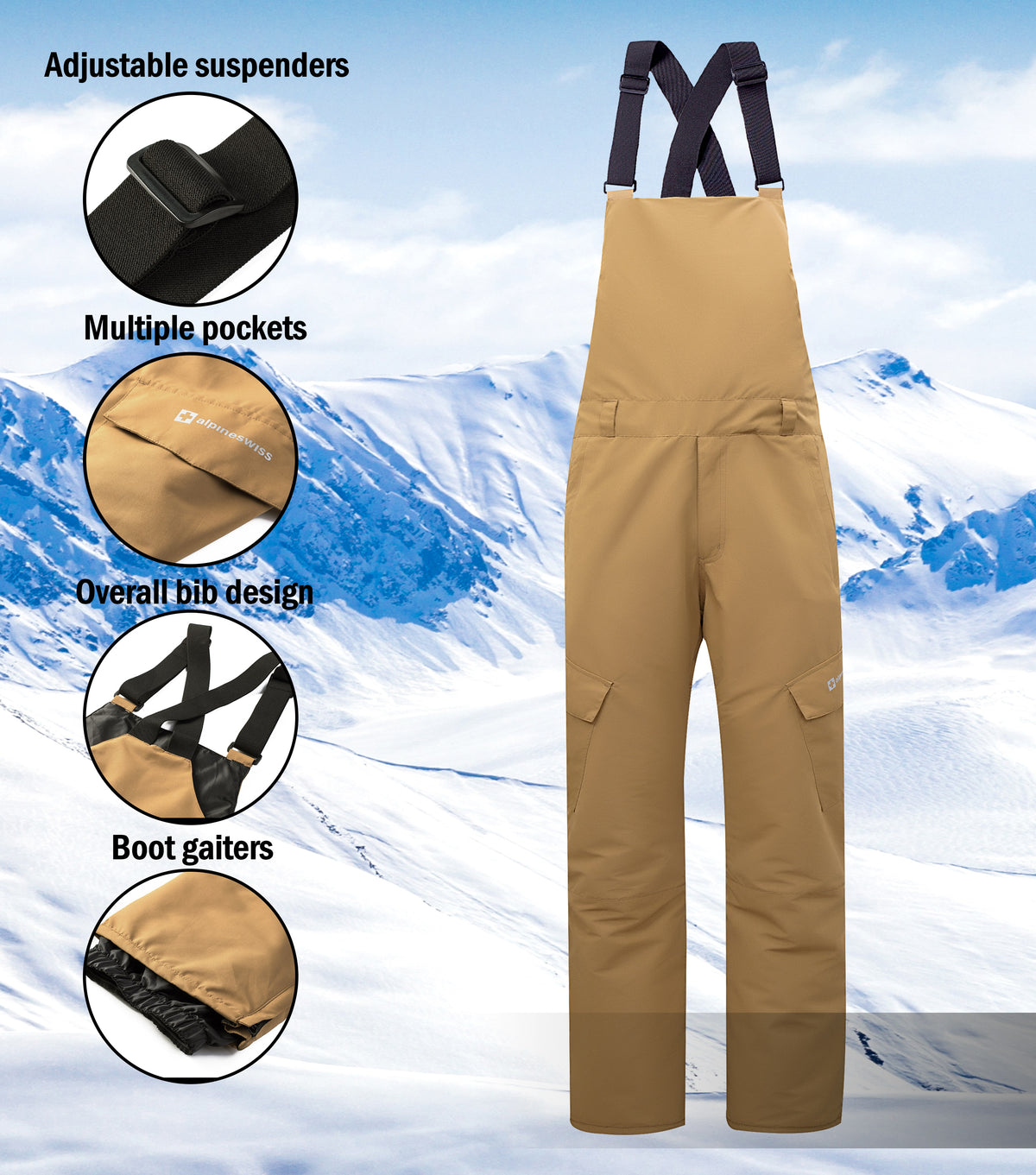 Alpine Swiss Mens Insulated Snow Bib Overalls Waterproof Ski Snowboard Pants – Tan