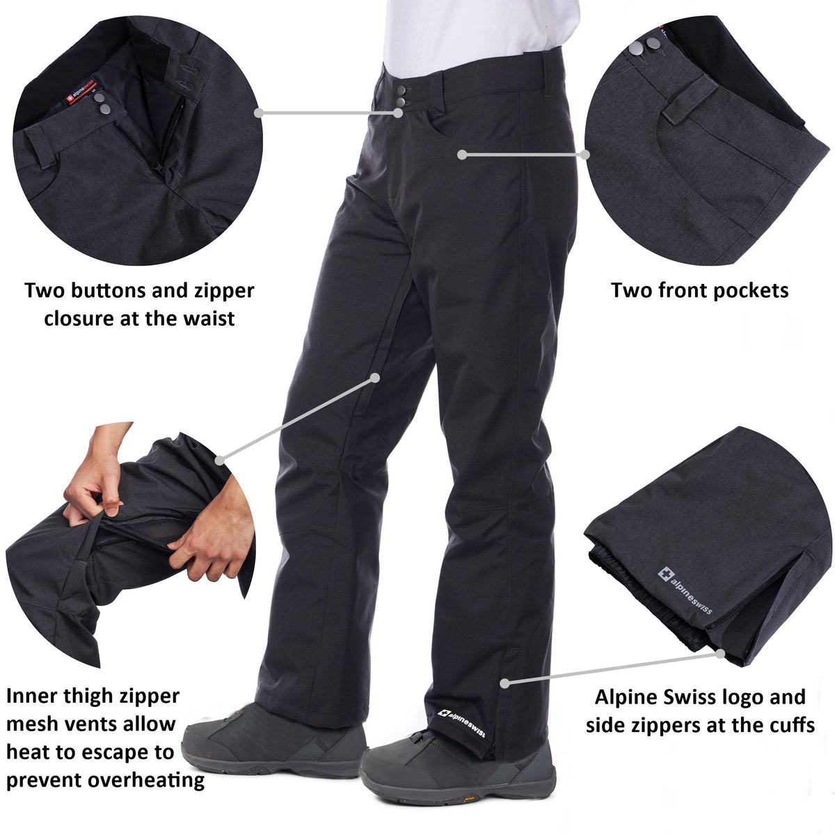 Alpine Swiss Mens Waterproof Ski Snowboarding Pants Insulated Winter Snow Pants – Black