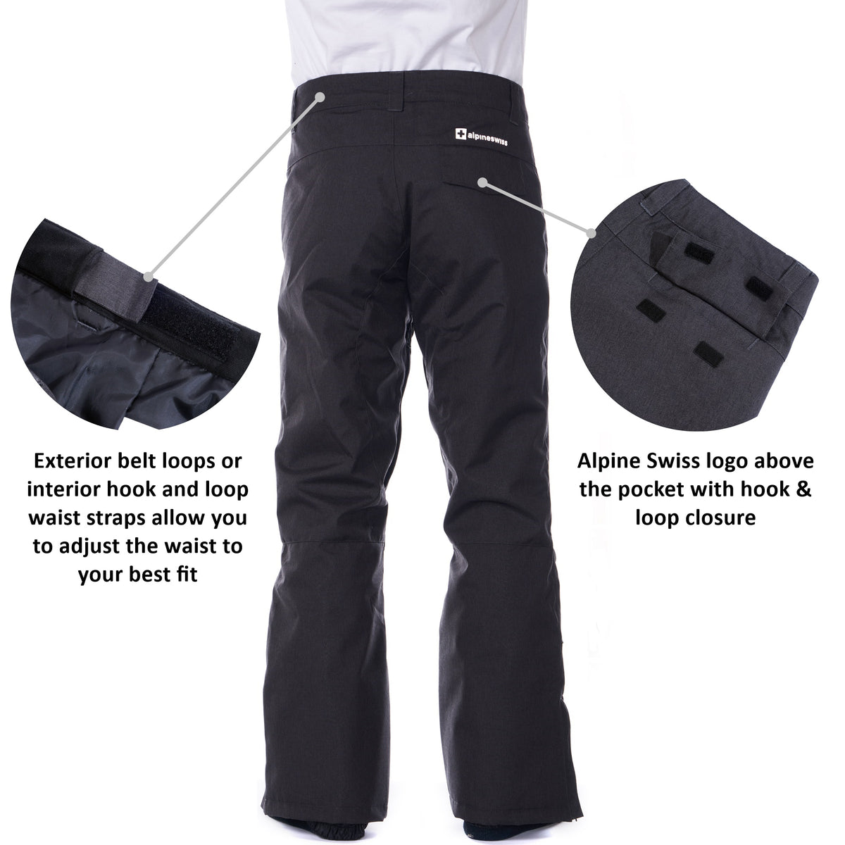 Alpine Swiss Mens Waterproof Ski Snowboarding Pants Insulated Winter Snow Pants – Black