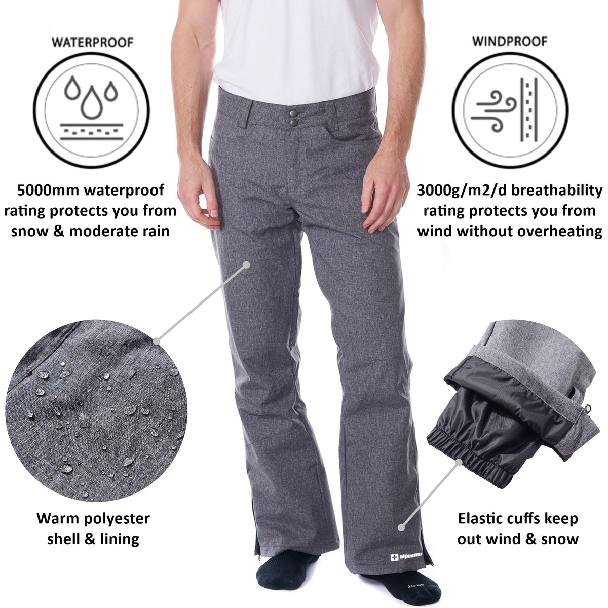 Alpine Swiss Mens Waterproof Ski Snowboarding Pants Insulated Winter Snow Pants – Gray