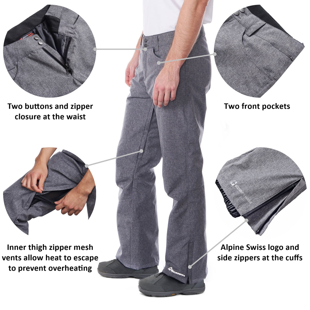 Alpine Swiss Mens Waterproof Ski Snowboarding Pants Insulated Winter Snow Pants – Gray