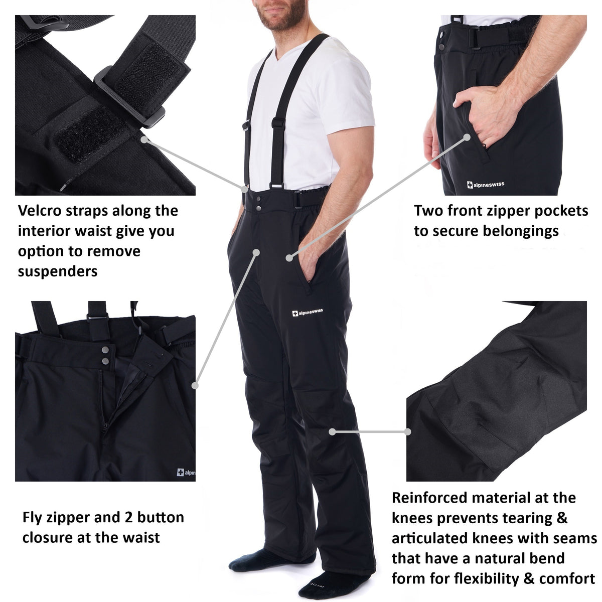 Alpine Swiss Mens Waterproof Snowboard Ski Snow Pants with Removeable Suspenders – Black