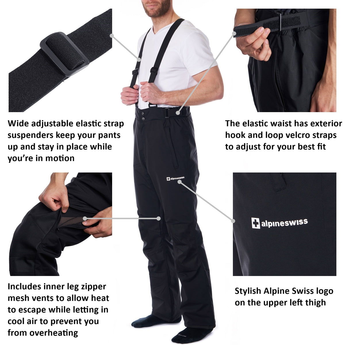 Alpine Swiss Mens Waterproof Snowboard Ski Snow Pants with Removeable Suspenders – Black