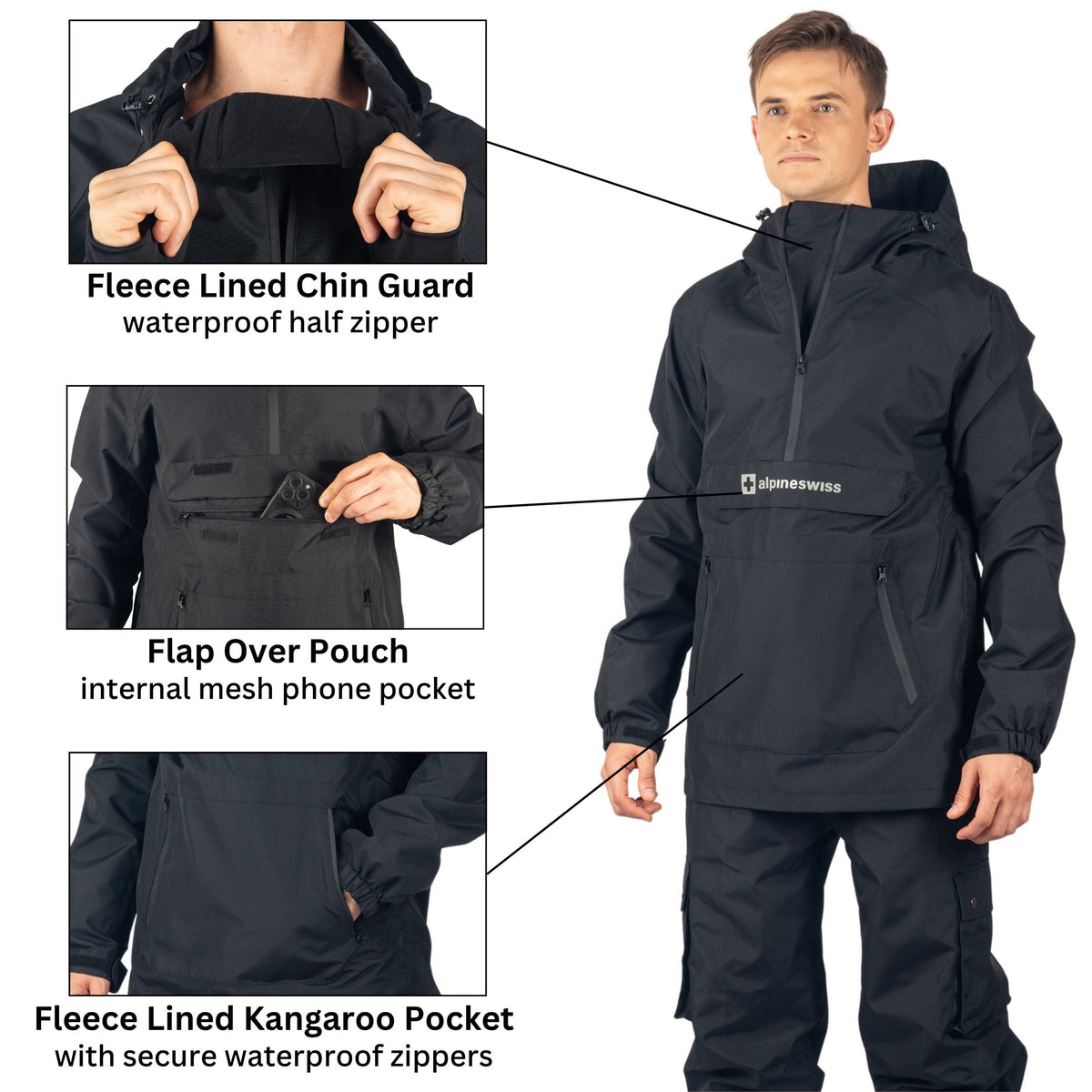 Alpine Swiss Men Anorak Snowboard Jacket Waterproof Windproof Winter Sport Shell – Black