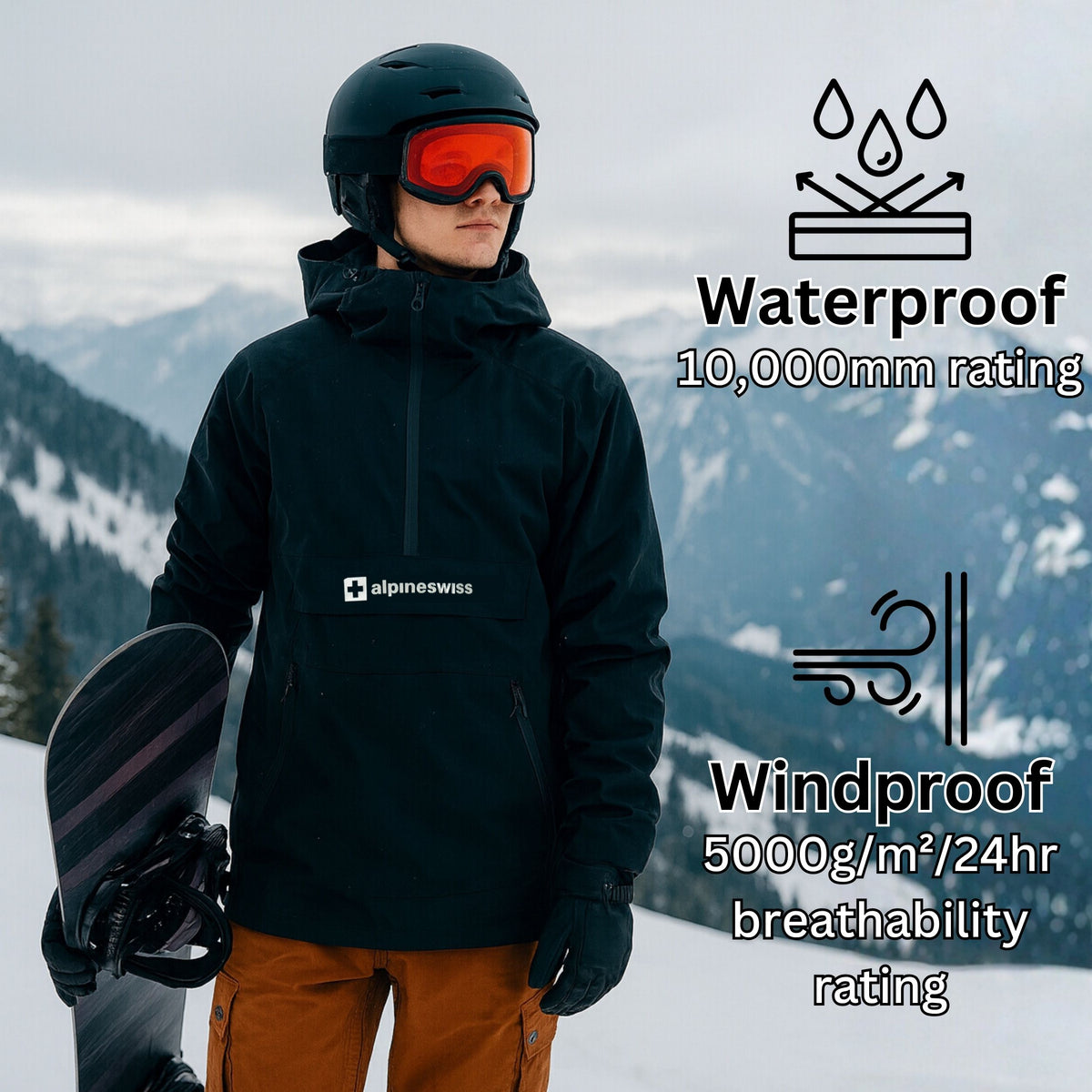 Alpine Swiss Men Anorak Snowboard Jacket Waterproof Windproof Winter Sport Shell – Black