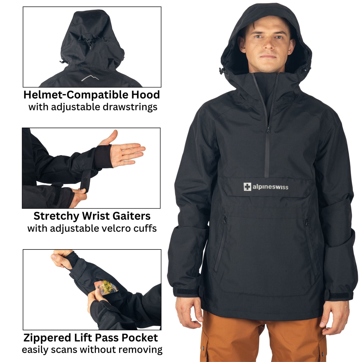 Alpine Swiss Men Anorak Snowboard Jacket Waterproof Windproof Winter Sport Shell – Black