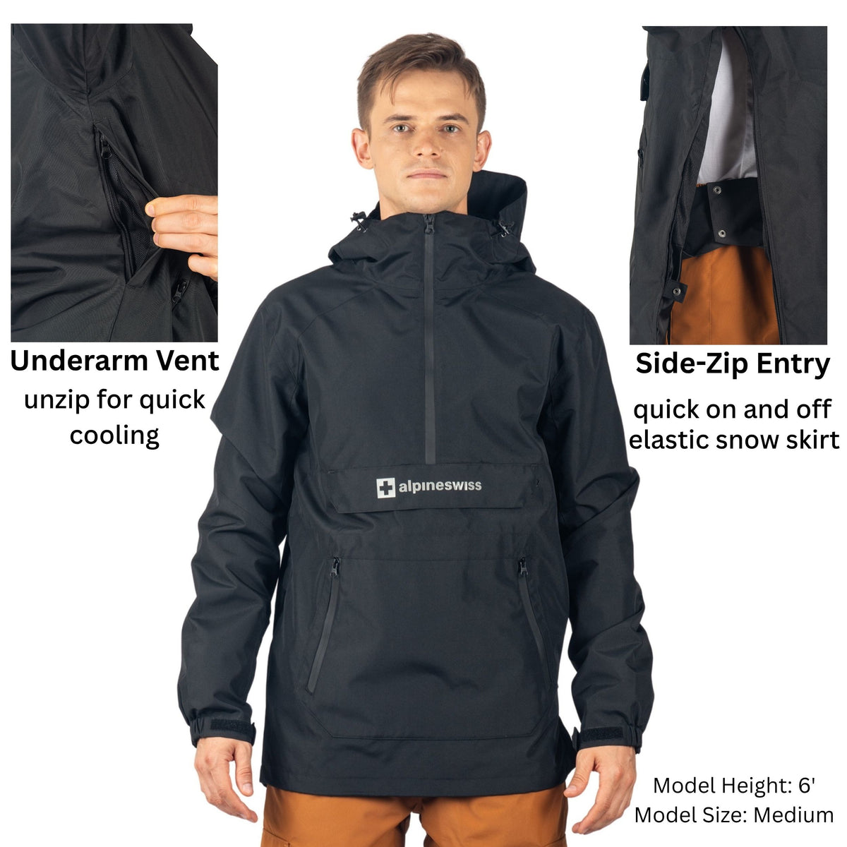 Alpine Swiss Men Anorak Snowboard Jacket Waterproof Windproof Winter Sport Shell – Black