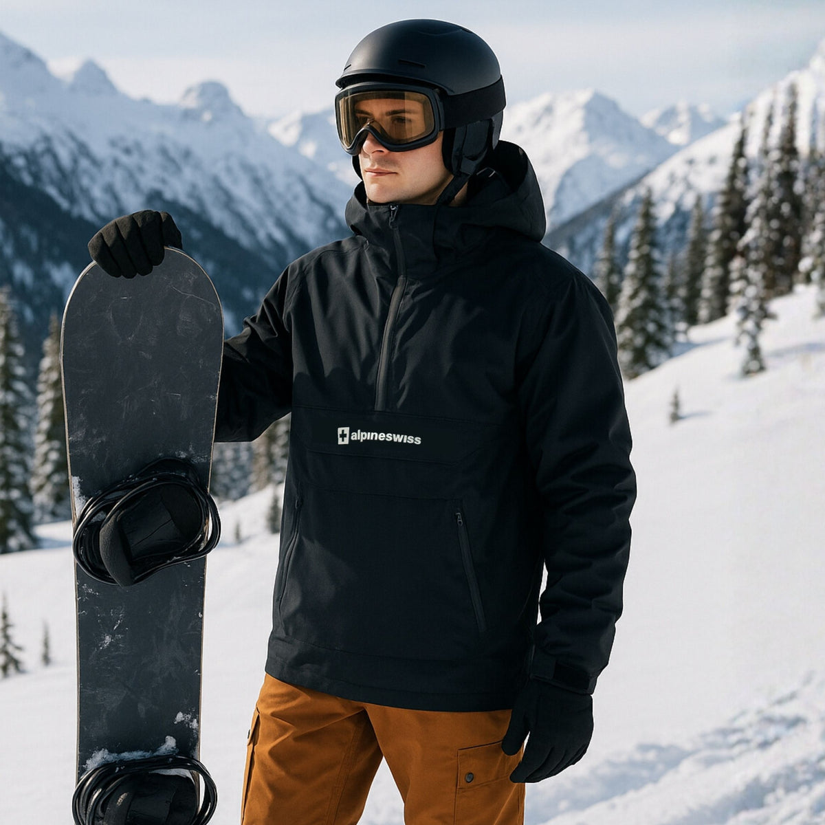 Alpine Swiss Men Anorak Snowboard Jacket Waterproof Windproof Winter Sport Shell – Black