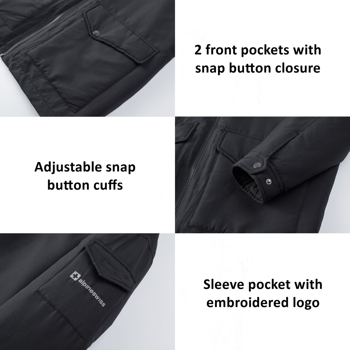 Alpine Swiss Mens Sherpa Lined Parka Hooded Winter Coat Cargo Utility Jacket – Black