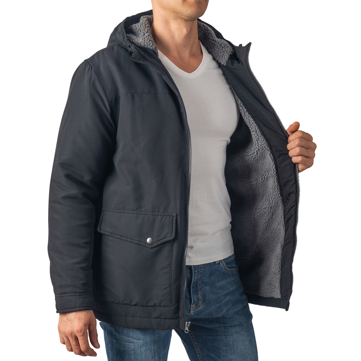 Alpine Swiss Mens Sherpa Lined Parka Hooded Winter Coat Cargo Utility Jacket – Black