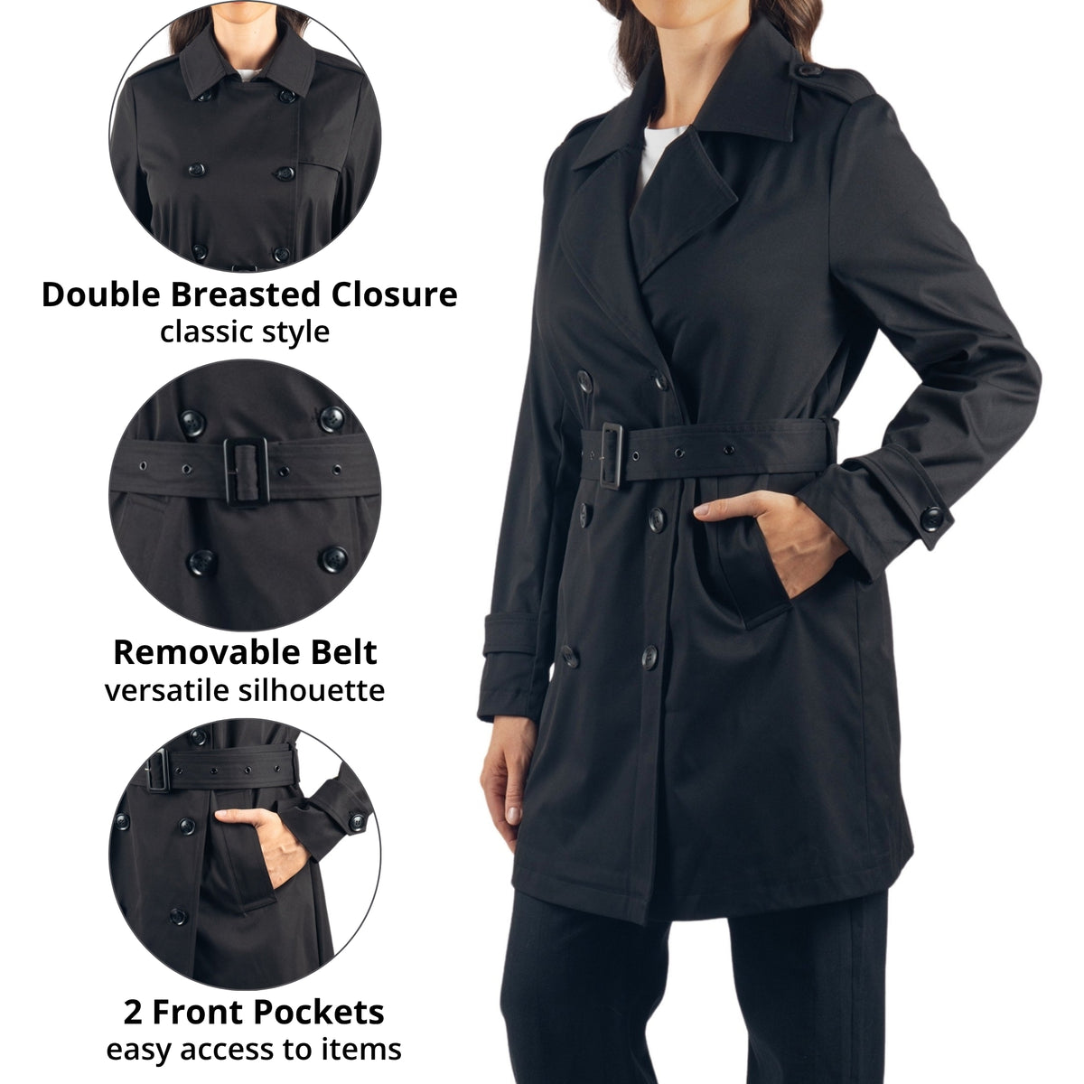 Alpine Swiss Siena Women Rain Jacket Waterproof Trench Coat Lightweight Raincoat – Black